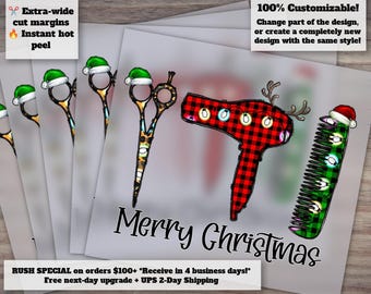 Christmas Hairdresser Heat Transfer - Merry Xmas with Hair Dryer, Scissors, Lights - Buffalo Plaid DTF, Ready to Press Design