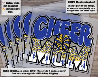 Blue and Gold Leopard Cheer Mom Design, Ready for Heat Transfer or DTF, Optimized for Press