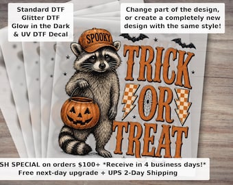 Trick or Treat Raccoon DTF Transfer | Vintage Halloween Animal Ready to Press Heat Transfer