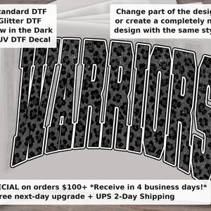 Warriors Black Leopard Mascot DTF Transfer - Varsity School Spirit Game Day Ready to Press Shirt Transfer