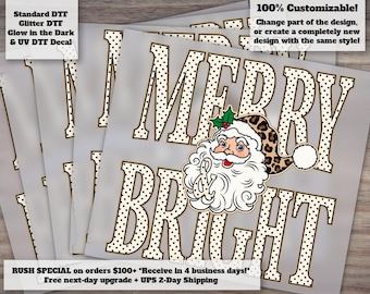 Retro Santa Christmas Polka Dots DTF Transfer, Merry and Bright Leopard Print Xmas Ready to Press Heat Transfer