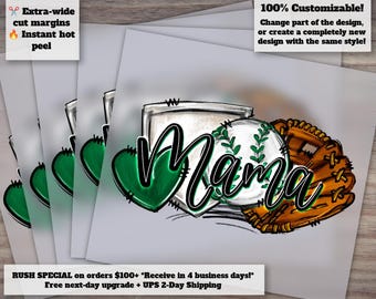 Baseball Mom Doodle Art, Ready to Press Heat Transfer, Kelly Green, White and Black Heart, Ball, Glove, Home Plate Collage