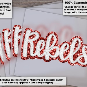 Rebels Hand Drawn Red and White Football Design | Faux Chenille Cheer Heat Transfer Press | DTF Ready Football Art