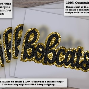 Black Gold Bobcats Faux Chenille Applique Patches | Hand Drawn Football Design | Ready to Press Heat Transfer DTF