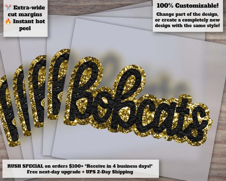 Black Gold Bobcats Faux Chenille Applique Patches | Hand Drawn Football Design | Ready to Press Heat Transfer DTF bild 1