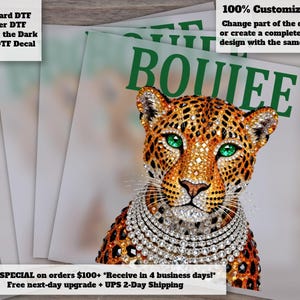 Boujee Leopard Cheetah DTF Transfer - Rhinestone Diamond Necklace Luxury Wild Cat Glam Ready to Press