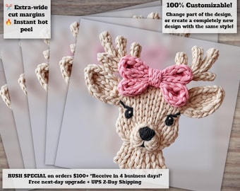Faux Yarn Reindeer Heat Transfer Pink Bow Retro Xmas Girly Kids Holiday DTF Transfer