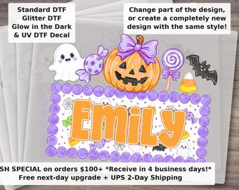 Transferencia DTF personalizada para niños de Halloween / Lindo fantasma con lazo, calabaza, caramelo de maíz, personalizado para niña, listo para imprimir