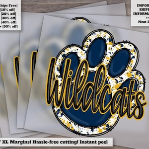 Hand-Drawn Wildcats Design, Blue Gold Paw Print, Ready to Press Football Art, DTF Heat Transfer