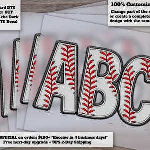 May include: White baseball-themed letters A, B, and C with red stitching and a black outline. The image includes text: "Standard DTF, Glitter DTF, Glow in the Dark & UV DTF Decal" and "100% Customizable!" and "RUSH SPECIAL on orders $100+"