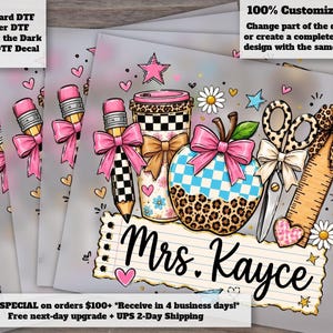 Personalized Teacher DTF Transfer | Leopard School Supplies Ready to Press Heat Transfer for Teacher Shirts