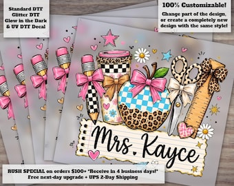 Personalized Teacher DTF Transfer | Leopard School Supplies Ready to Press Heat Transfer for Teacher Shirts