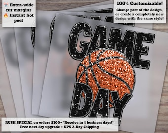 Basketball Game Day Faux Glitter and Sequins Design, Ready to Press Heat Transfer for Basketball Moms, Ideal for DTF