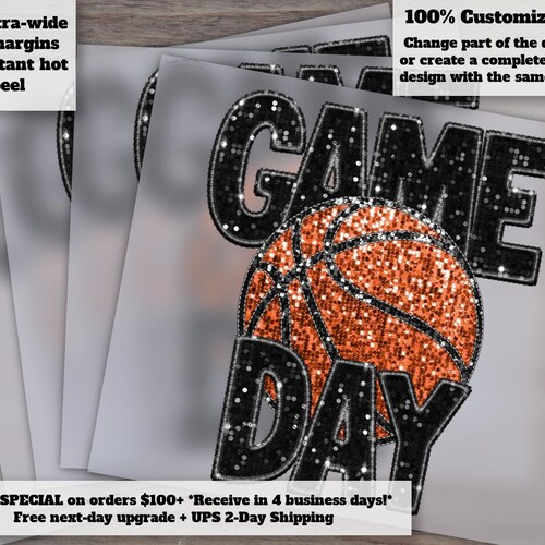 Basketball Game Day Faux Glitter and Sequins Design, Ready to Press Heat Transfer for Basketball Moms, Ideal for DTF