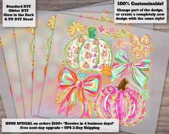 Fall Pumpkin with Preppy Bow DTF Transfer - Coquette Aesthetic Cute Autumn Pumpkin Ready to Press Heat Transfer