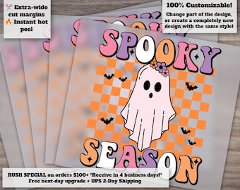 Halloween Spooky Season Design - Bats, Ghost, Flower, Retro, Heat Transfer, Ready to Press T-shirt for DTF - Fast Delivery