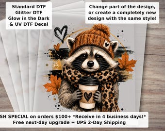 Fall Raccoon , Funny Raccoon Coffee , Cozy Autumn Shirt Design, Woodland Animal , Thanksgiving DTF Transfer Ready to Press
