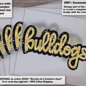 Black and Gold Glitter Bulldogs Football Patch | Hand Drawn Sequins Design | Ready to Press Heat Transfer | DTF for Apparel