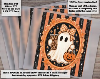 May include: A DTF decal featuring a white ghost with a checkered bow, holding a leopard print cup and a jack-o'-lantern bucket. The ghost is centered in an orange scalloped oval frame against a black and orange striped background with stars.