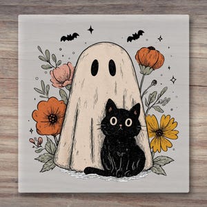 Lindo fantasma y gato de Halloween, listo para planchar - Diseño floral retro de Halloween, listo para usar imagen 6