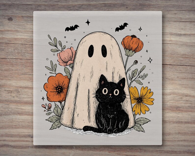 Lindo fantasma y gato de Halloween, listo para planchar - Diseño floral retro de Halloween, listo para usar imagen 6