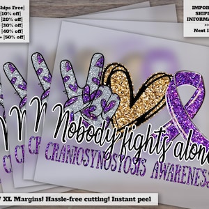 Craniosynostosis Awareness Design, Ready to Press, Peace Love Cure, Purple Ribbon, Heat Transfer, DTF, Nobody Fights Alone