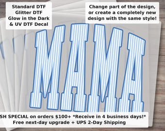 Mama Seersucker Stripes Blue DTF Transfer | Ready to Press Heat Transfer for Shirts and Totes