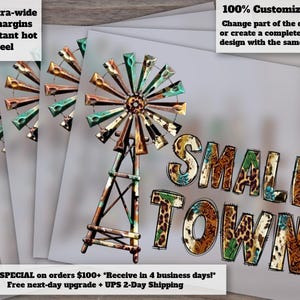 Western Country Windmill Design, Leopard Cowhide Graphics, Small Town Artscapes, Girl Theme, Heat Transfer Ready, DTF, Press-Ready Designs