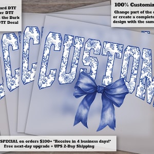 Custom Blue Floral Varsity Bow DTF Heat Transfer with Ribbon and Team Name