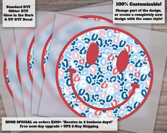 Patriotic Retro Smiley Heat Transfer Set with Trendy Cheetah Print 4th July DTF