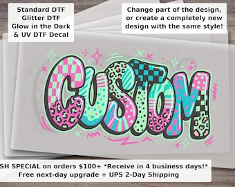 Transferencia DTF con nombre personalizado / Transferencia termoadhesiva personalizada con estampado de leopardo, cuadros y lunares / Transferencia lista para estampar en camisetas