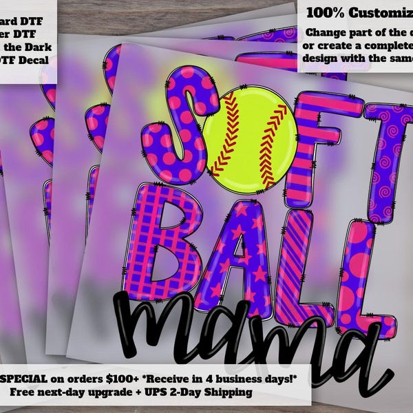 Hand-Drawn Softball Mom Design in Pink and Purple, Ideal for Heat Transfer or DTF, Sports Printable Ready to Press - Softball Mama Art