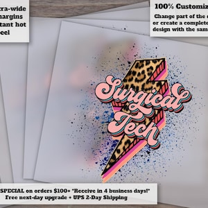 Leopard Surgical Tech Lightening Bolt Design, Ready to Press Heat Transfer Shirts Clipart for DTF, Surgical Technologist T-shirt Design