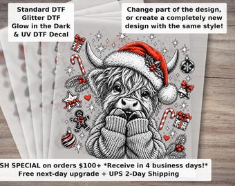 Preppy Christmas Highland Cow DTF Transfer, Retro Halftone Coquette Holiday Cow, Trendy Ready to Press Heat Transfer