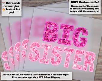 Big Sister Little Sister Sparkle Shirt Design, DTF Dtg Heat Transfer Ready to Press, Faux Embroidery Pattern
