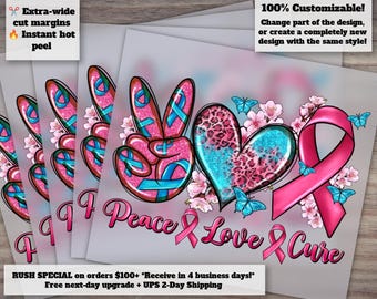 Breast Cancer Awareness Heat Transfer Designs, Ready to Press DTF, Peace Love Cure, Heat Transfers for Crafting