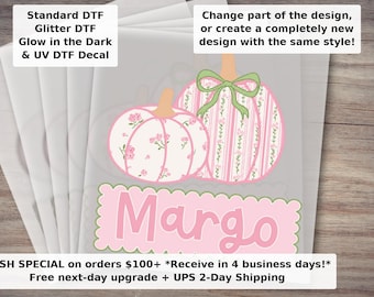 Coquette Pumpkin Custom Name Ready-to-Press DTF Transfer for Shirts, Sweatshirts and Fall Apparel