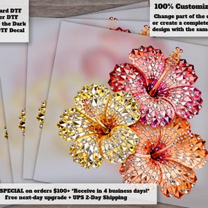 Tropical Hibiscus Flower Heat Transfer with Crystal Rhinestones