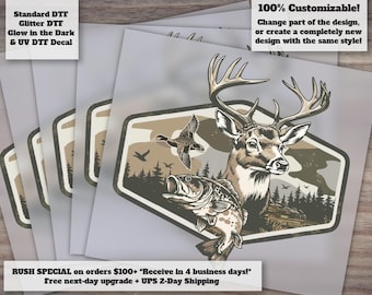 Retro Camo Deer Duck Fishing Heat Transfer Outdoorsman Patch Design