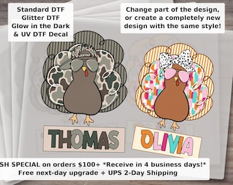 Custom Camo Turkey Kids DTF Transfer - Coquette Turkey Boy and Girl Thanksgiving Ready to Press Shirt Transfer