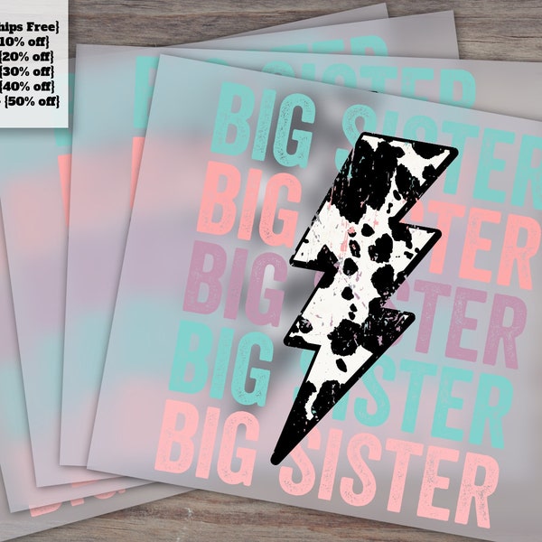 Big Sister Cowhide and Lightning Bolt Design, Ready-to-Press, Iron On Heat Transfer for DTF, Waterslide Art