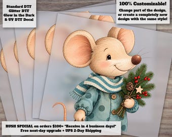 Cute Little Mouse Alef Christmas DTF Transfer | Adorable Vintage Holiday Illustration Ready to Press