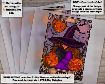 Witch Tarot Cards - Halloween Design, Pumpkin and Trick-or-Treat Graphics, Ready for Heat Transfer, DTF and Press