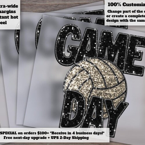 Volleyball Game Day Graphic, Faux Glitter and Sequin Design, Feminine Volleyball Press, Heat Transfer for DTF, Apparel Decoration