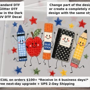 School Supplies Faux Patchwork Ready To Press DTF Transfer Back To School Teacher Elementary First Day of School