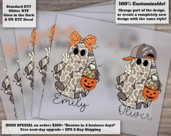 Personalized Camo Halloween Ghost DTF Transfer | Kids Candy Hunter Heat Press Transfer | Boy Girl Custom Name Camo Ghost with Ball Cap or Bo