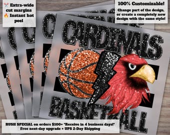Cardinals Retro Basketball Design with Glitter Effect and Faux Embroidery, Sequins Mascot - Heat Transfer, DTF, Ready to Press