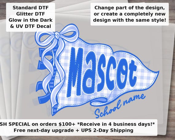 Custom Mascot Gingham Banner DTF Transfer | Coquette School Spirit Varsity Ready to Press