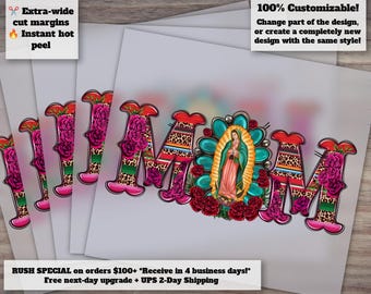 Latina Virgin Mary Guadalupe, Heat Transfer Design, Western Mother Image, DTF Ready, Virgen Sublimate Download, Mexican Religious Art.