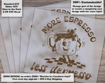 More Espresso Less Depresso Coffee Retro Mascot Heat Transfer